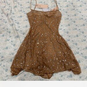 For Love & Lemons Tan Embellished Spaghetti-Strap Mini Dress